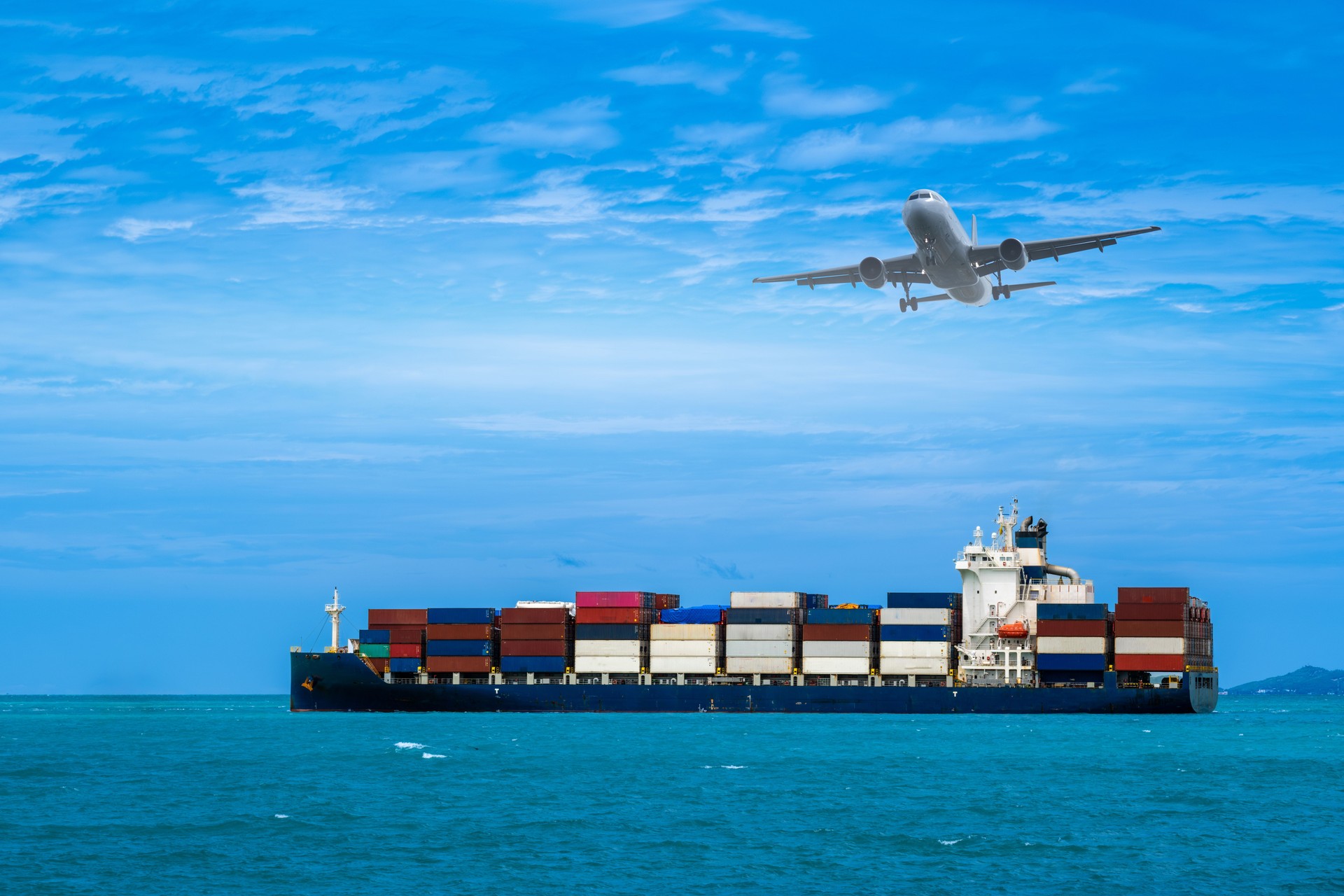 Aerial view of the freight shipping transport system cargo ship container. international transportation Export-import business, logistics, transportation industry concepts